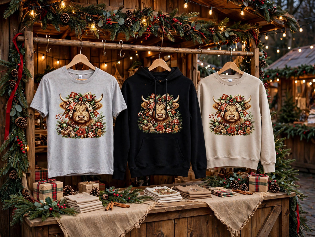 CHRISTMAS HIGHLAND COW WITH BOW T-SHIRT