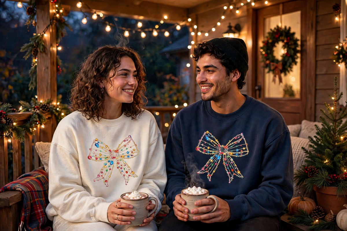 Christmas Lights Bow on Comfort Colors 1717 — Ivory and True Navy
