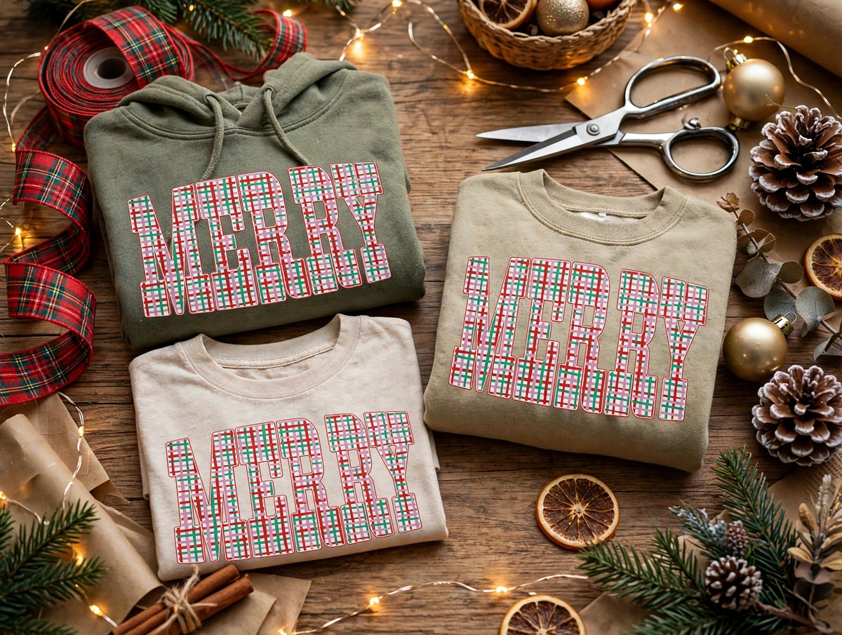 PINK PLAID MERRY T-SHIRT